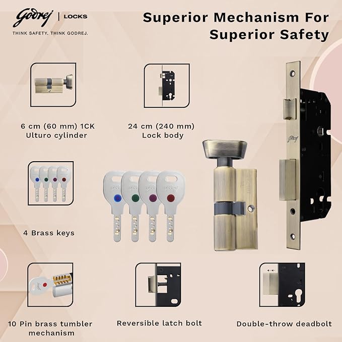 Godrej mortise lock, hardware, SS, door handle, lock, 6 lever, europrofile, pic cylinder, with, without key, ultro ultra xl, fittings